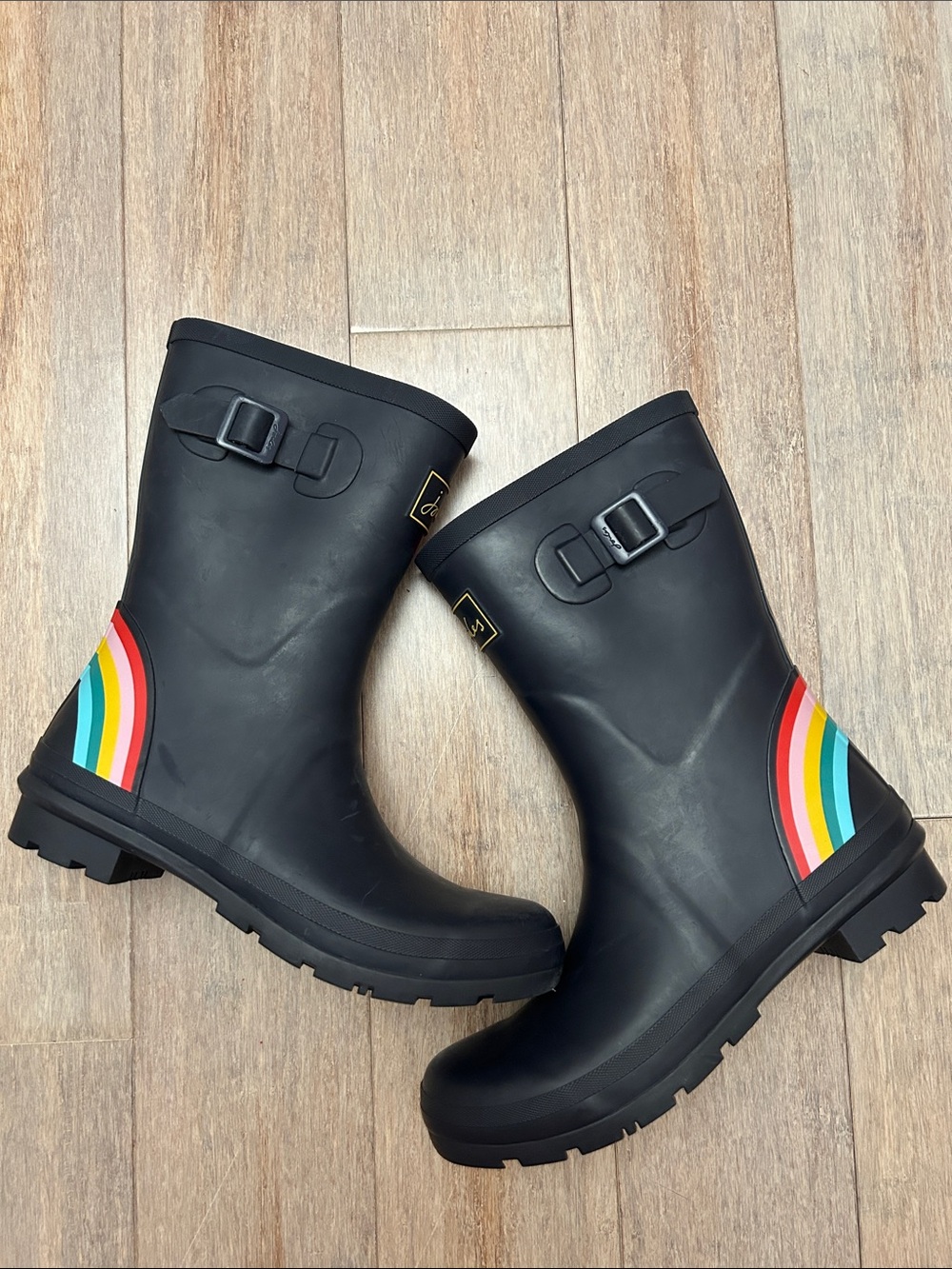 Joules Molly Welly Navy Rain Boots with Rainbow Heel Accents size Women’s 10